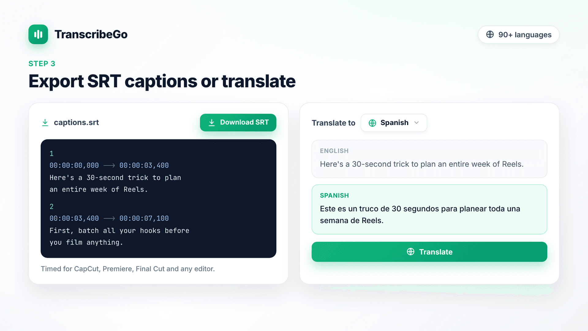 Baixando legendas SRT e traduzindo a transcrição de um Reel do Instagram no TranscribeGo