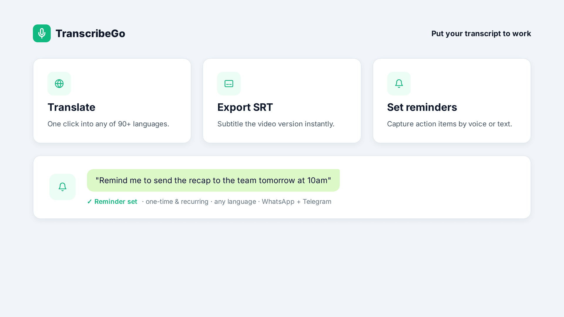 TranscribeGo mostrando traducción, exportación de subtítulos SRT y un recordatorio configurado por voz para la transcripción de una clase larga
