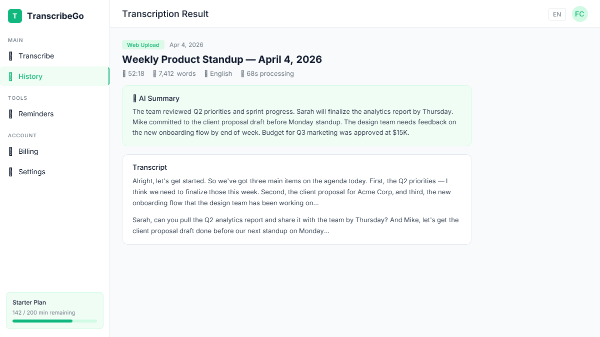 نتيجة نص TranscribeGo تظهر ملخص الذكاء الاصطناعي والنص الكامل للاجتماع
