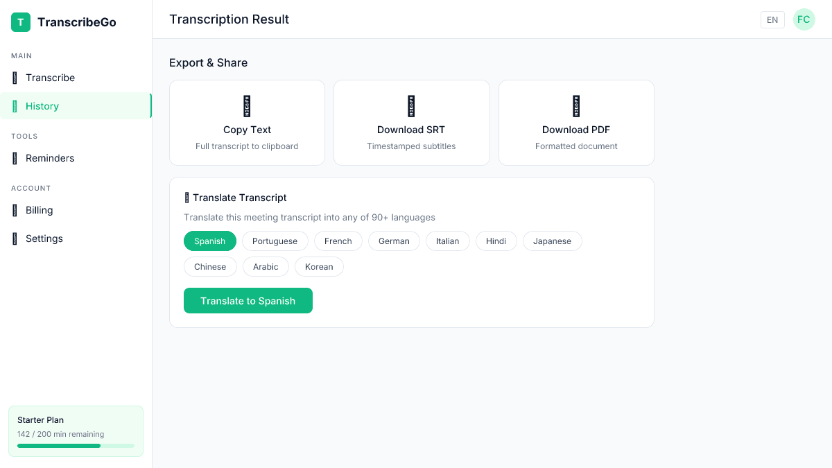 Opções de exportação do TranscribeGo mostrando copiar, download SRT e recursos de tradução