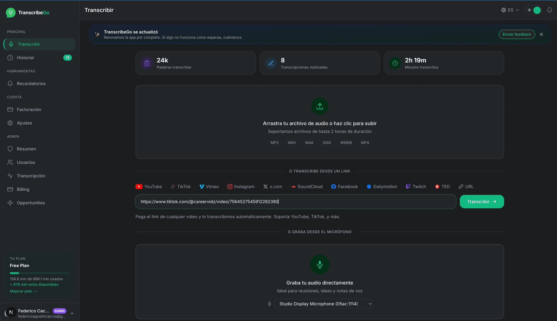 Dán URL TikTok vào trường nhập chuyển đổi của TranscribeGo