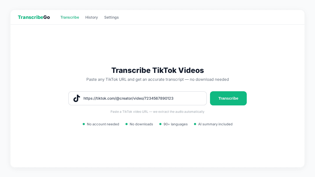 TranscribeGo ट्रांसक्रिप्शन इनपुट फ़ील्ड में TikTok URL पेस्ट करना
