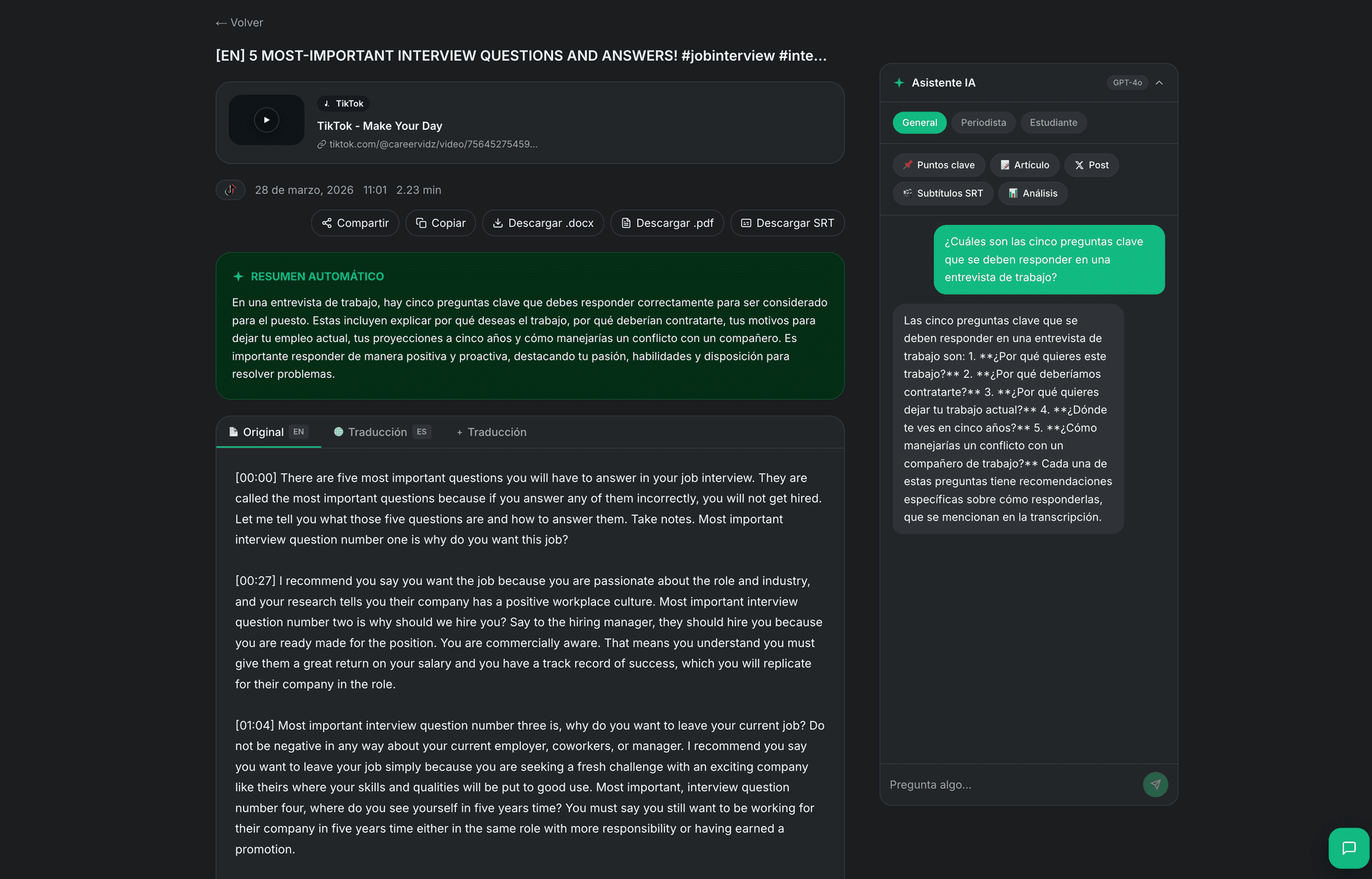 Trang kết quả của TranscribeGo hiển thị bản sao video TikTok với tóm tắt AI