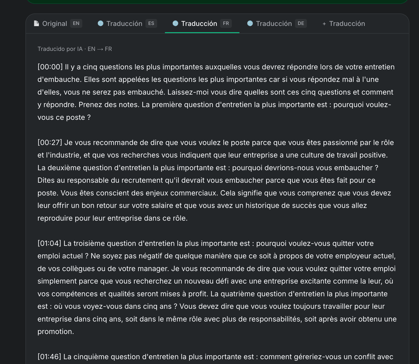 Функция перевода TranscribeGo, показывающая транскрипт TikTok, переведенный на другой язык
