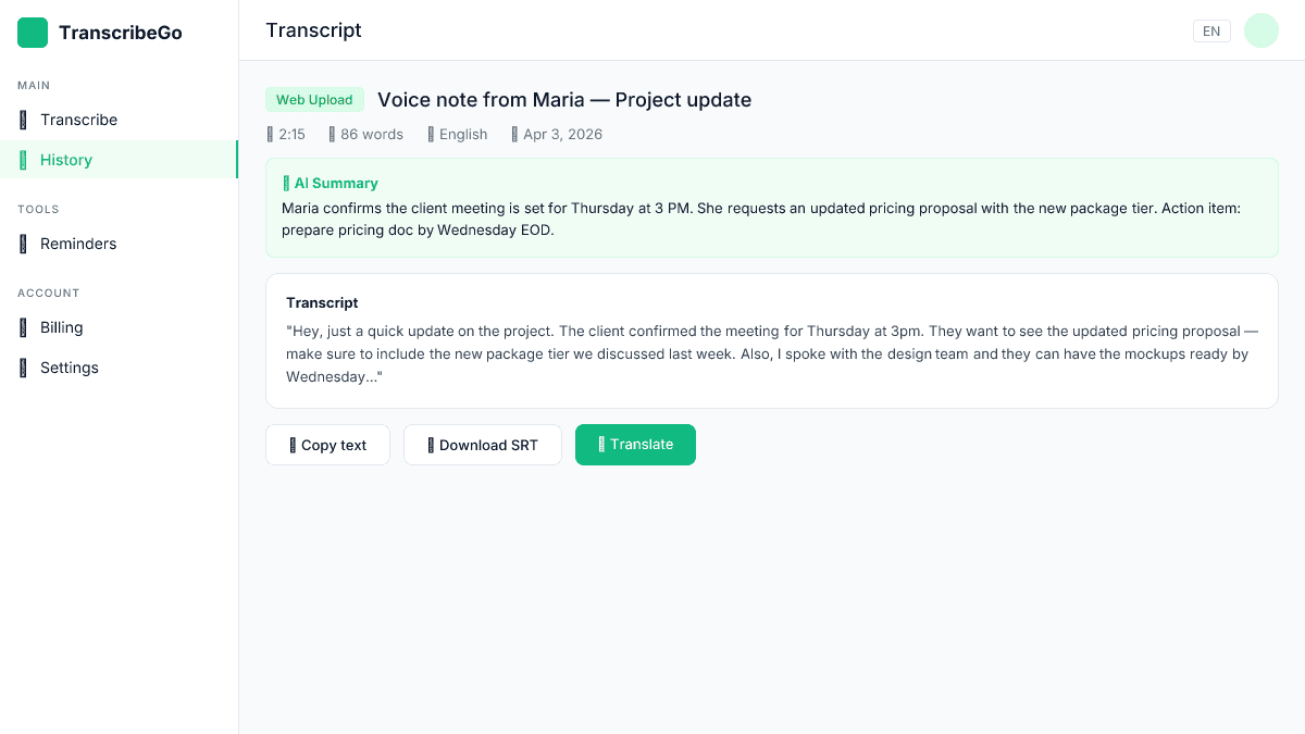 TranscribeGo-Transkriptionsergebnis zeigt Originaltext, Zusammenfassung und Exportoptionen