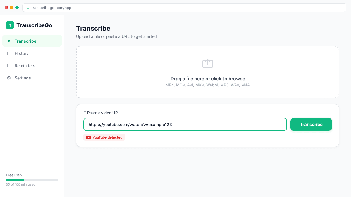 Tela principal do TranscribeGo com uma URL do YouTube colada
