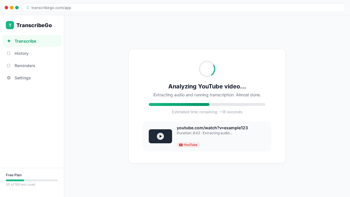 TranscribeGo processando uma transcrição de vídeo do YouTube
