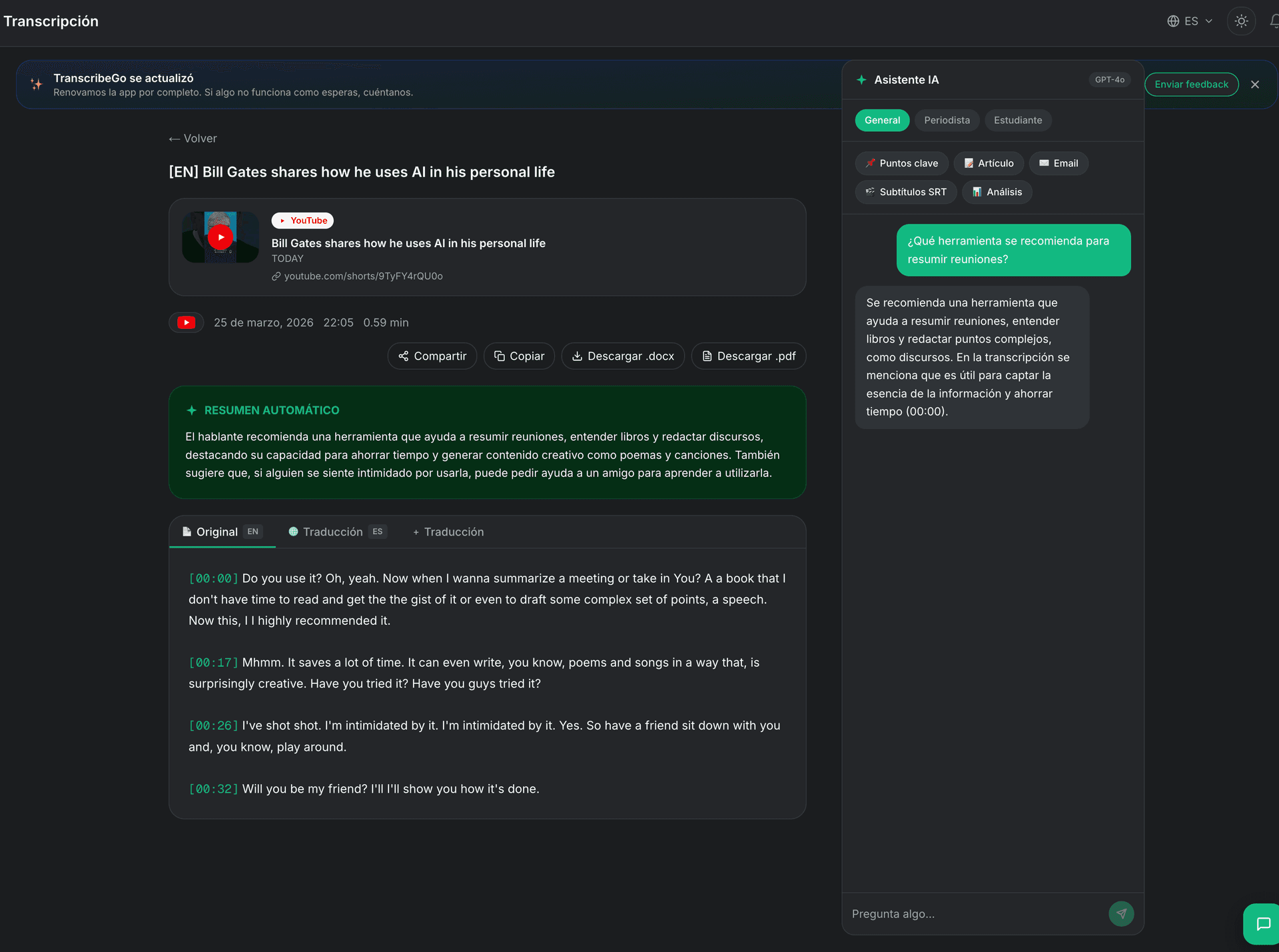 Trascrizione di YouTube completata con opzioni di download