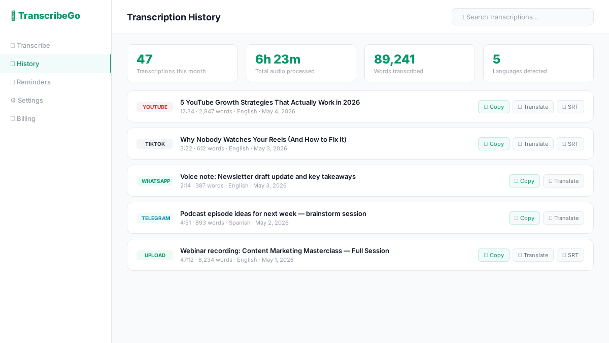 Painel web do TranscribeGo mostrando o histórico de transcrições com pesquisa, tradução e opções de exportação SRT