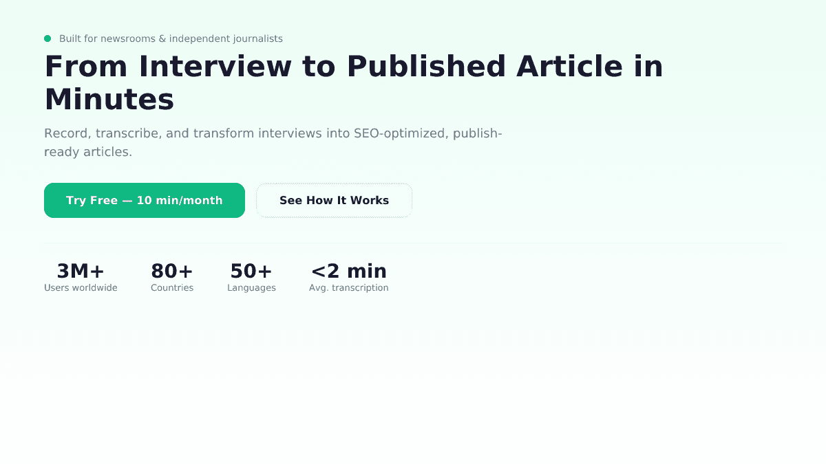 Interface de téléchargement de TranscribeGo montrant les options de téléchargement de fichiers, WhatsApp et collage d'URL pour les journalistes