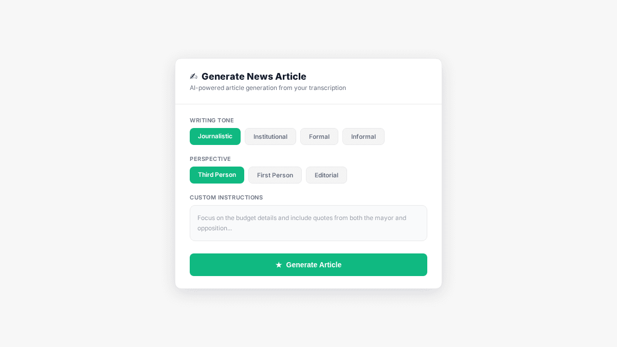 Interfaz del Modo Periodista de IA de TranscribeGo mostrando selección de tono, perspectiva e instrucciones personalizadas