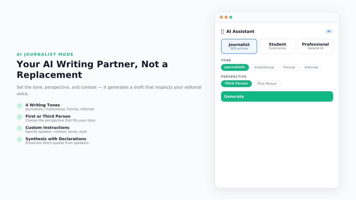 Interface du Mode Journaliste AI de TranscribeGo montrant la sélection de ton, la perspective et les instructions personnalisées