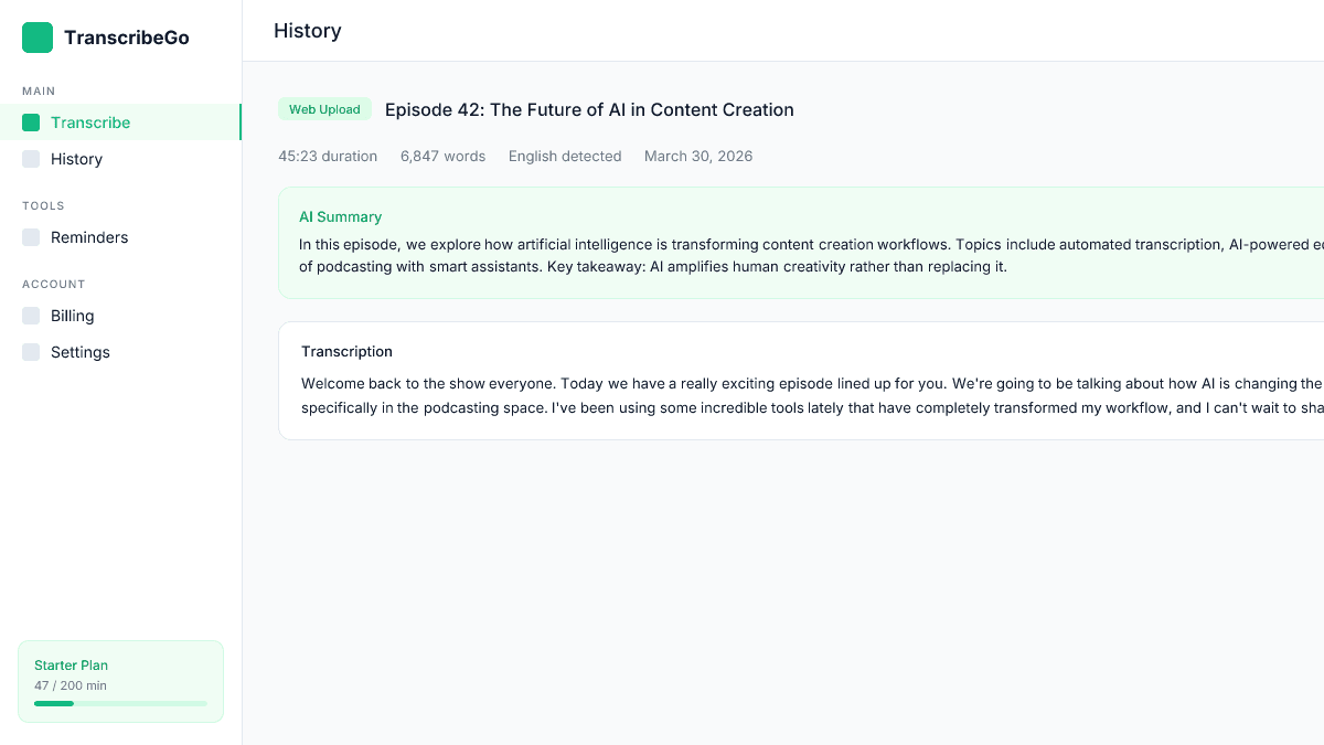 TranscribeGo hiển thị một bản chép podcast hoàn chỉnh với toàn bộ văn bản và tóm tắt AI