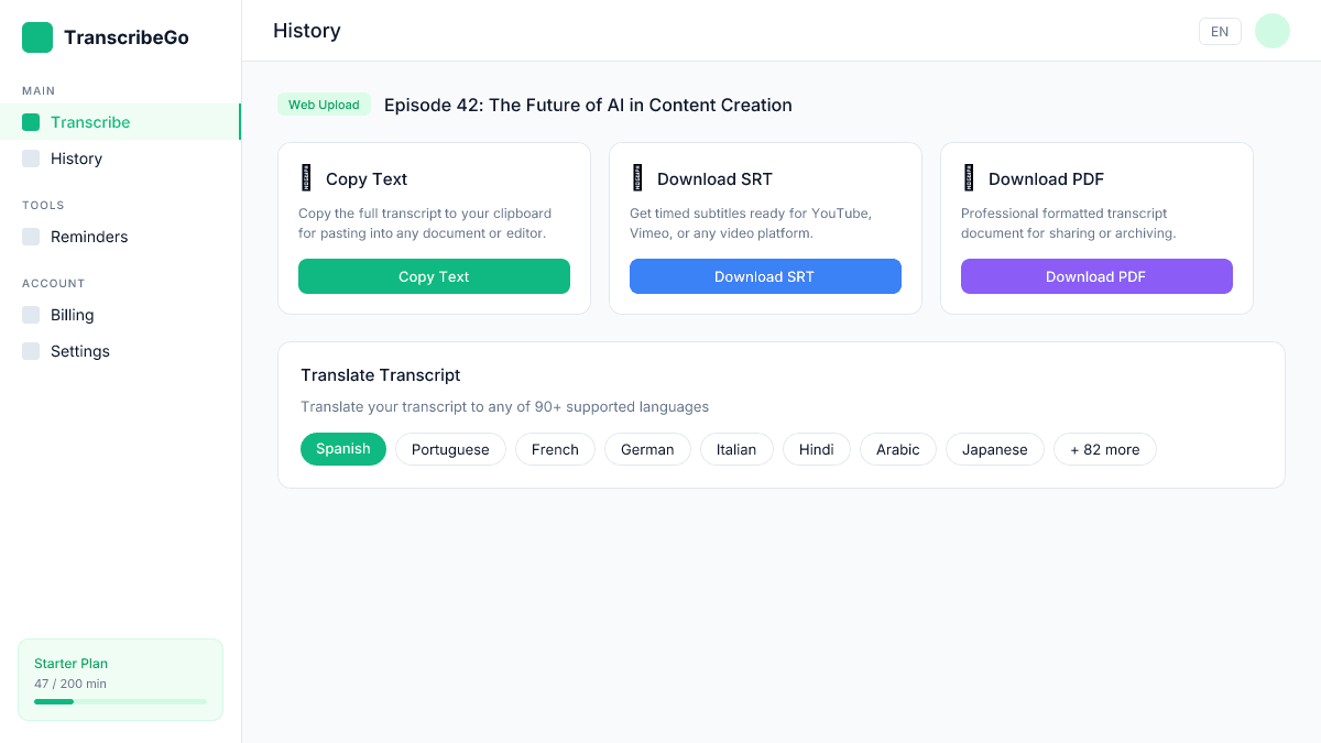 Опции экспорта TranscribeGo, показывающие копирование текста, загрузку SRT и функции перевода