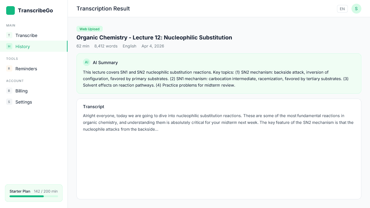 TranscribeGo transkript sonucu, AI özeti ve bir ders için tam metin gösteriyor