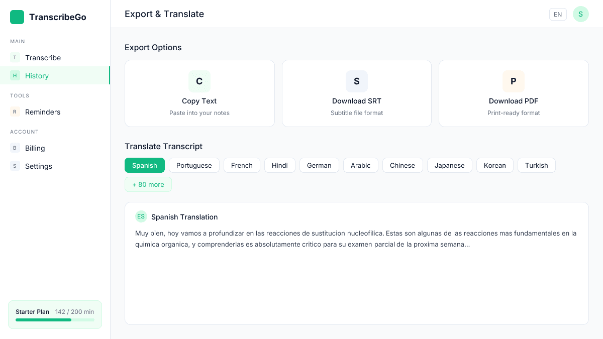 Opzioni di esportazione di TranscribeGo che mostrano copia, download SRT e traduzione