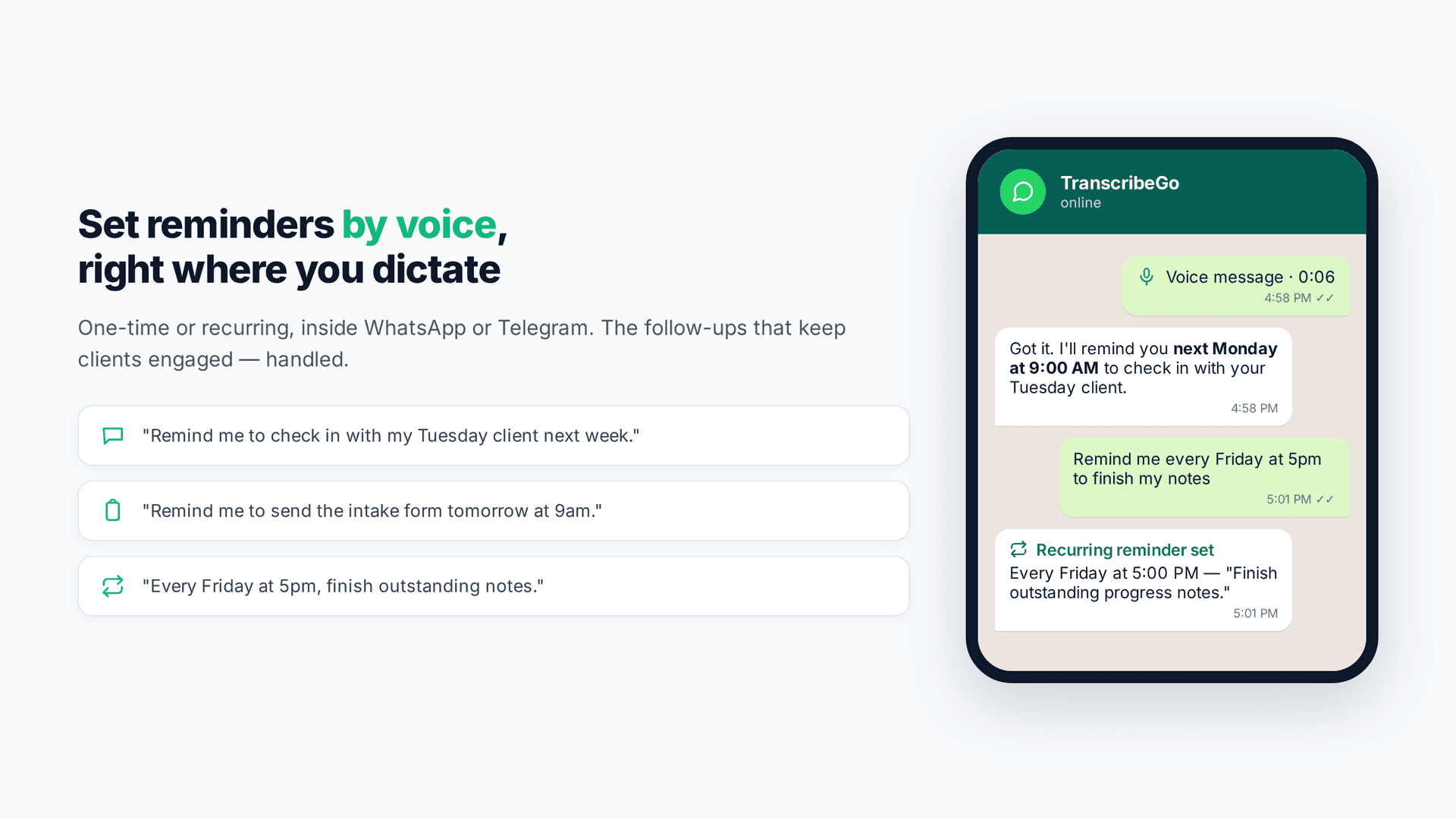Función de recordatorios de TranscribeGo mostrando recordatorios configurados por voz dentro de un chat de WhatsApp para seguimientos de clientes y para completar notas de progreso
