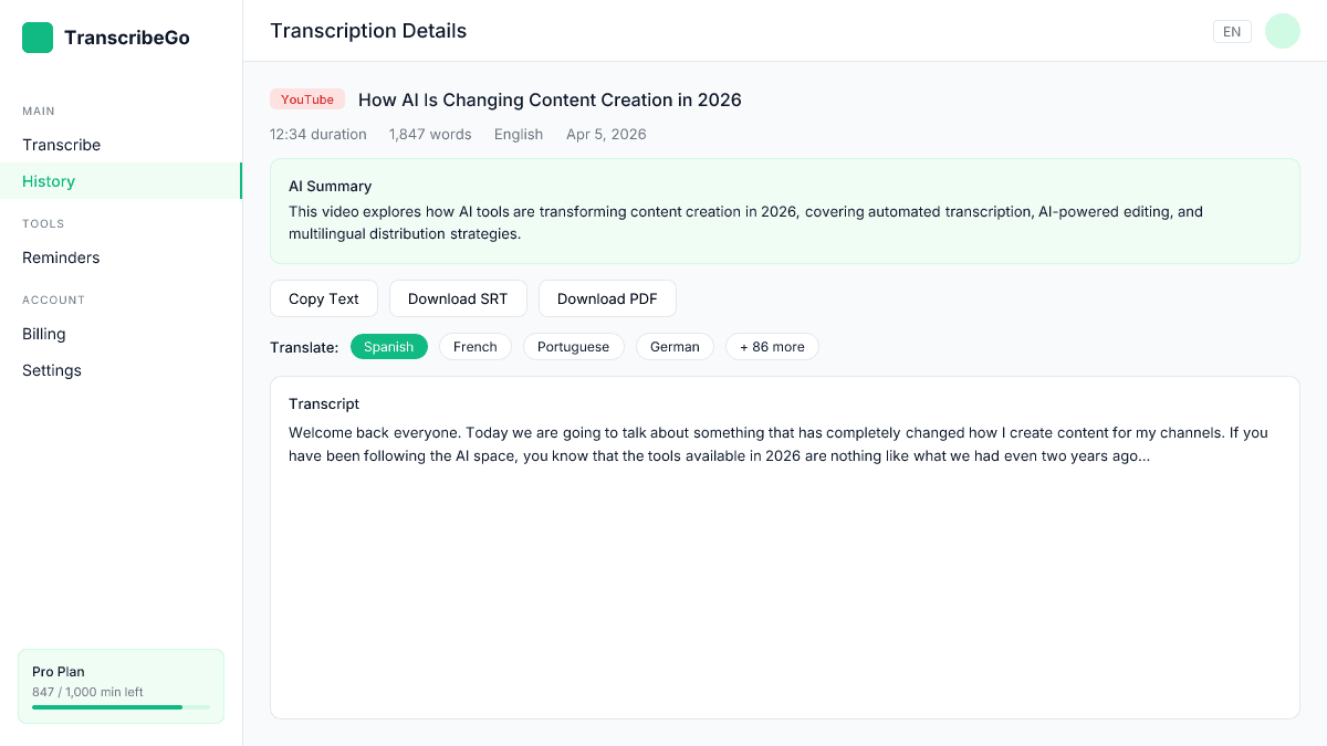 Hasil transkrip TranscribeGo menunjukkan ringkasan AI, opsi ekspor, dan terjemahan