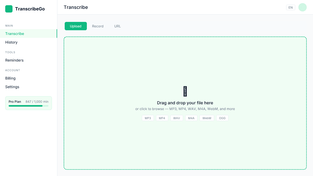 Antarmuka unggah bersih TranscribeGo dengan zona seret dan lepas