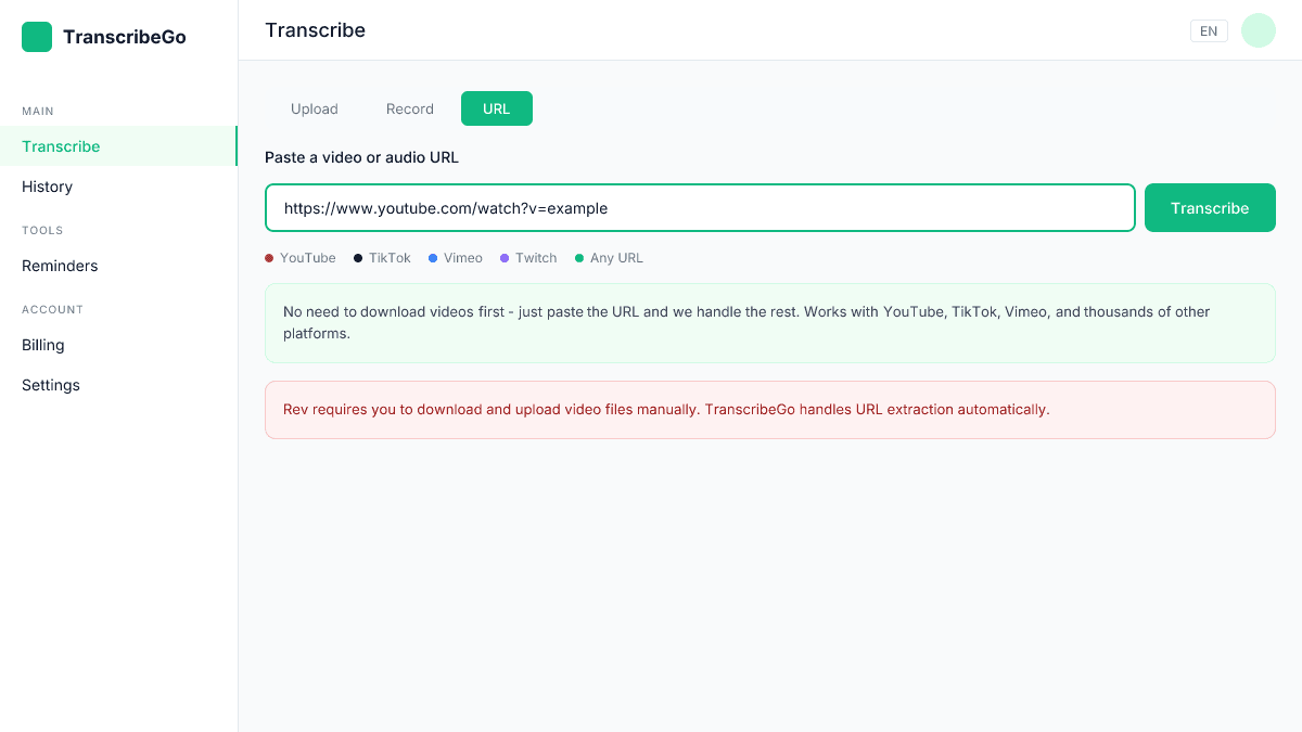 TranscribeGo URL transkripsiyon özelliği, YouTube bağlantısı girişi gösteriyor