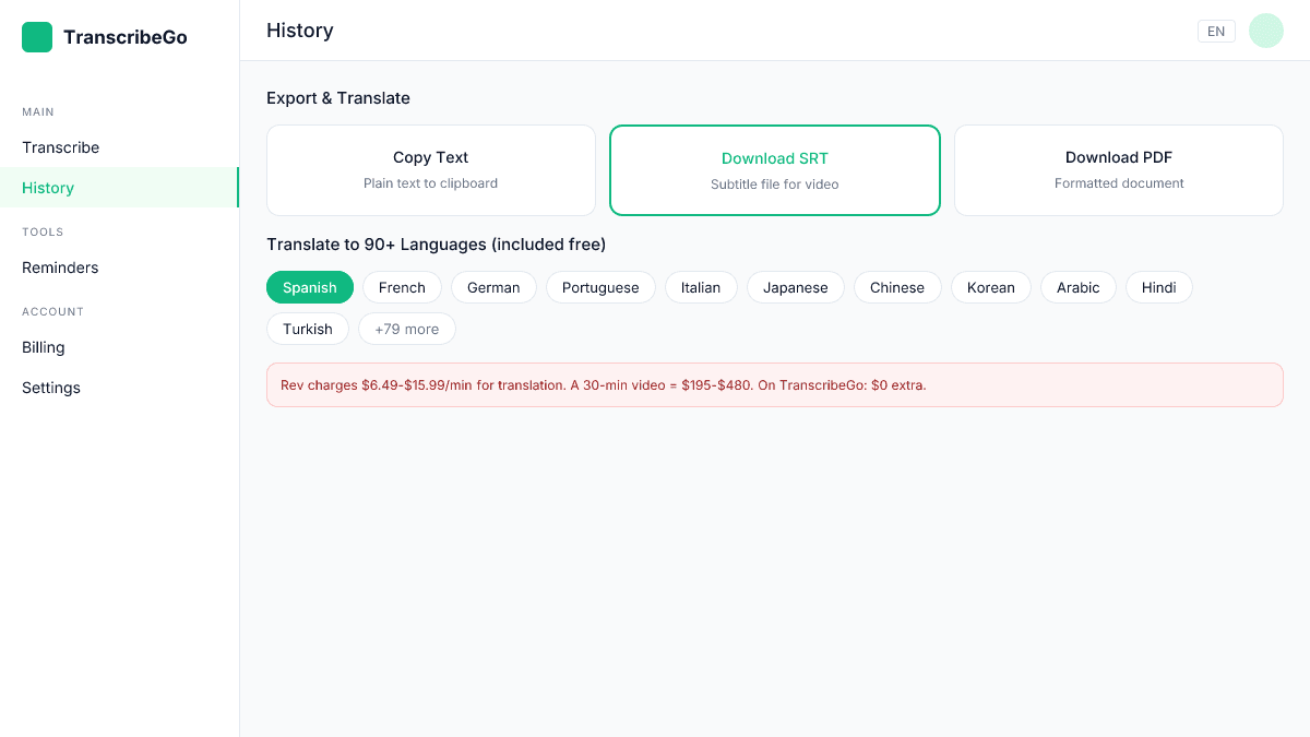 TranscribeGo dışa aktarma seçenekleri, SRT indirme, metin kopyalama ve çeviri özelliklerini gösteriyor
