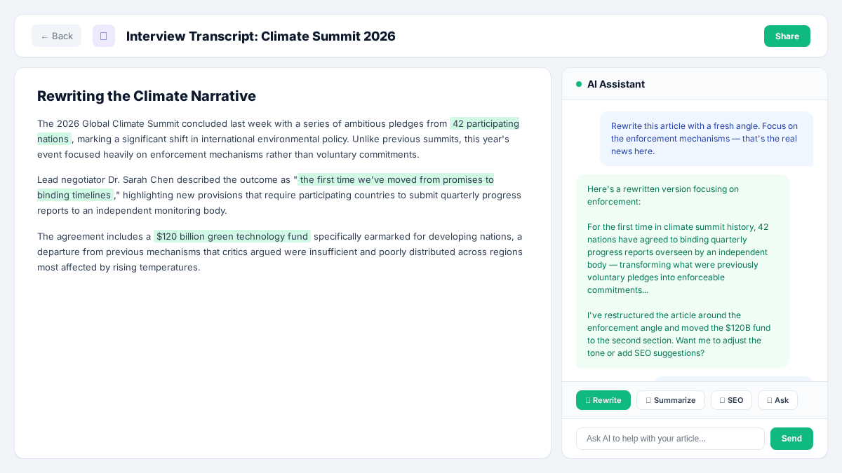 Vista de painel dividido do TranscribeGo Escrever mostrando um artigo sendo editado a esquerda e o painel de chat com IA a direita com ferramentas de reescrita e resumo