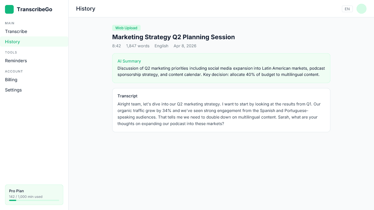 Risultato della trascrizione di TranscribeGo che mostra la lingua rilevata, conteggio parole, durata e riepilogo AI