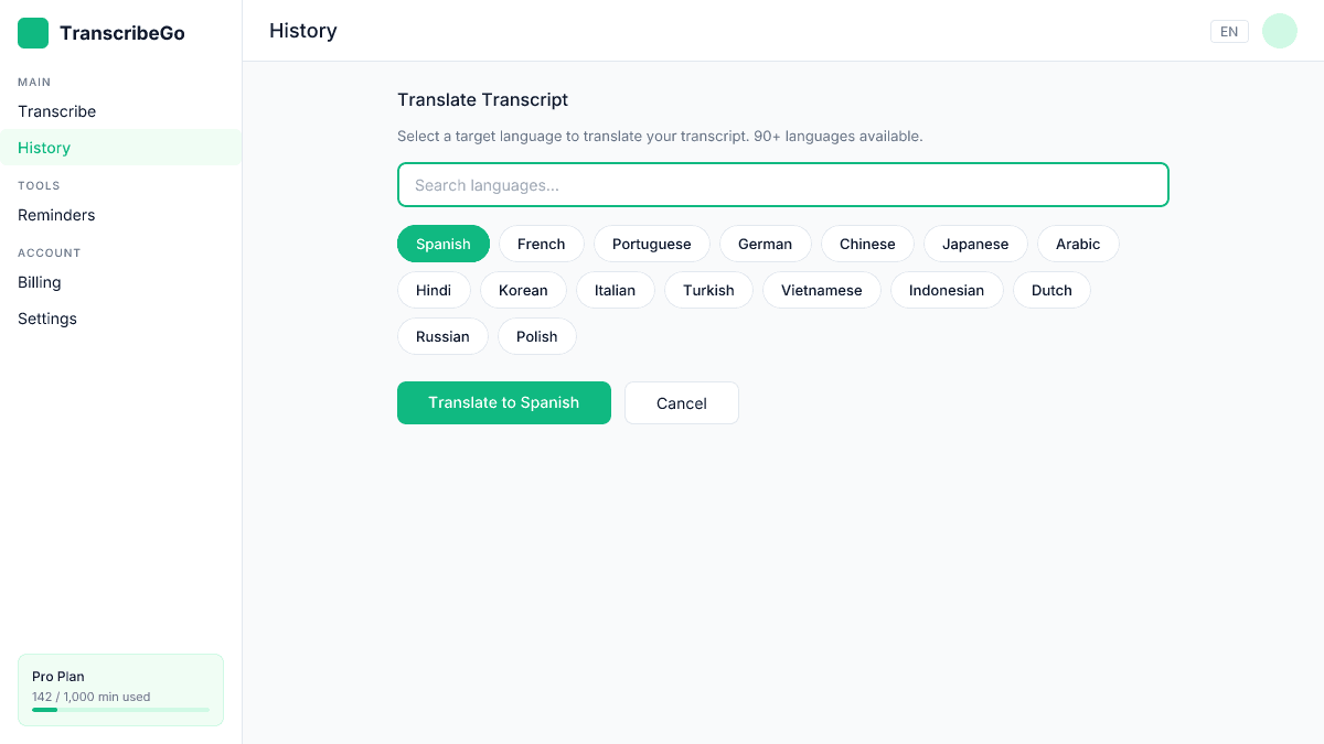 Pannello di selezione della lingua di TranscribeGo che mostra le opzioni per spagnolo, francese, portoghese, tedesco e altro