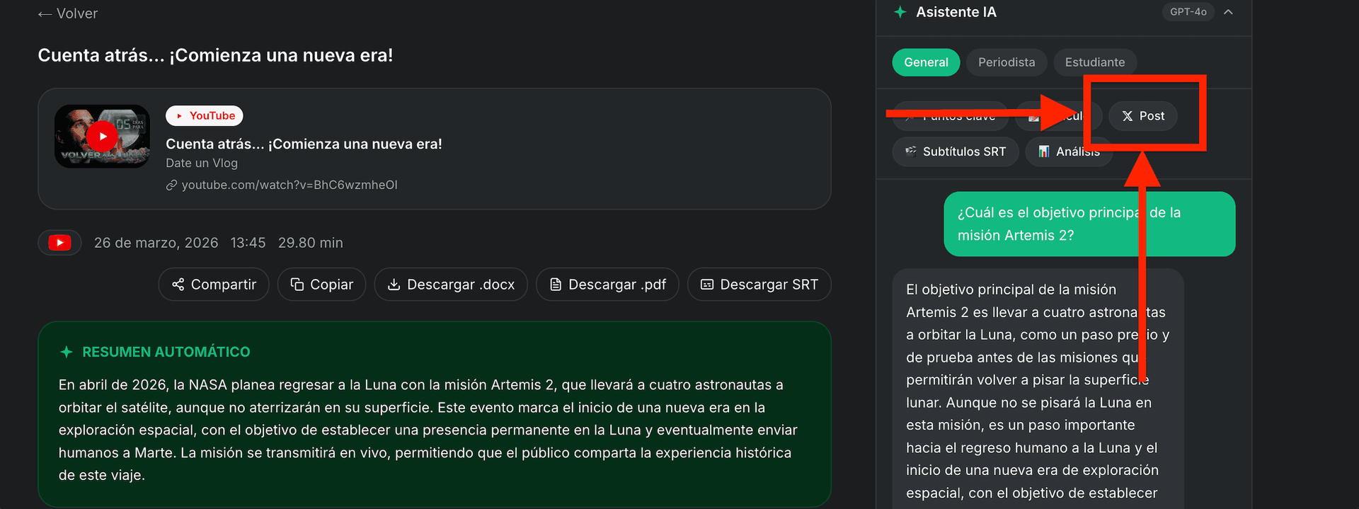 Transkripsiyon sonuç sayfası, AI özeti ve X Post sekmesi