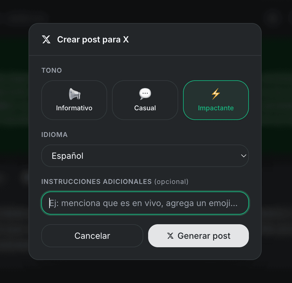 Modal del generador de publicaciones con opciones de tono, idioma e instrucciones