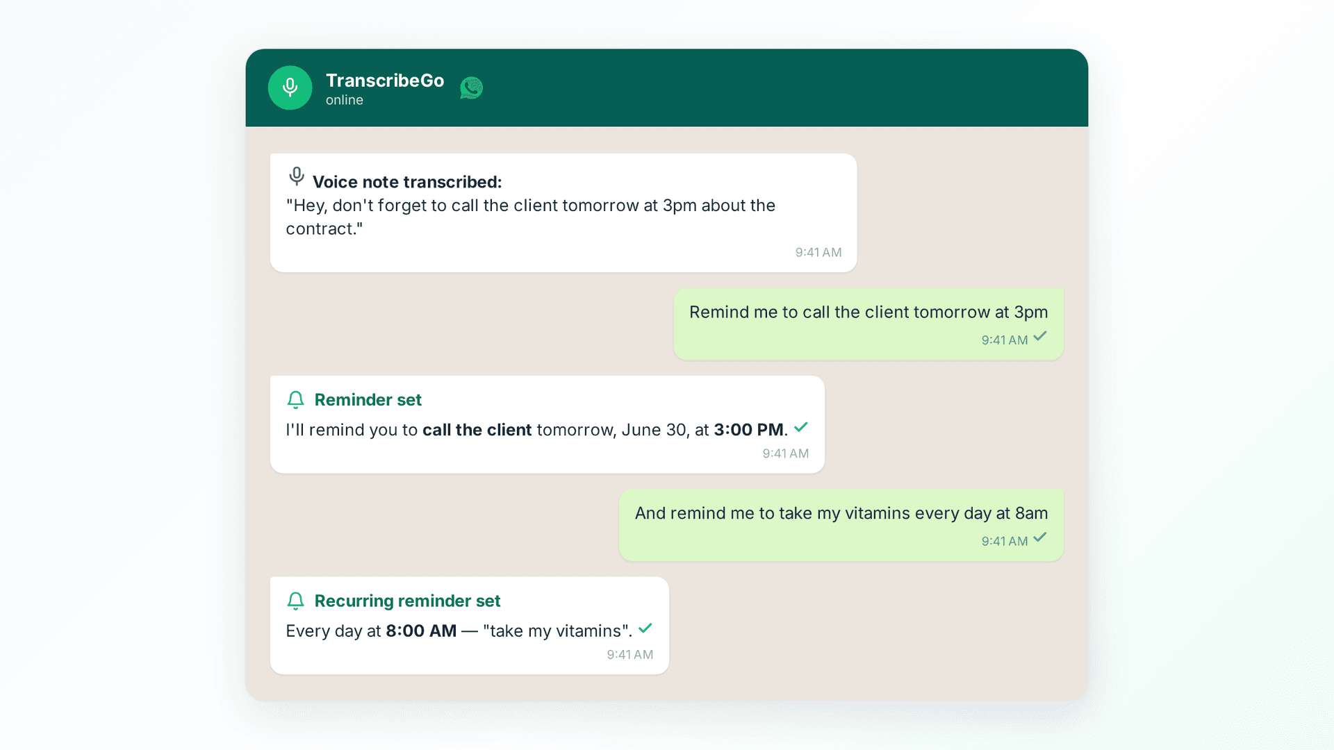 Conversa do WhatsApp mostrando um usuário criando um lembrete por voz no TranscribeGo e recebendo uma confirmação de que o lembrete está agendado