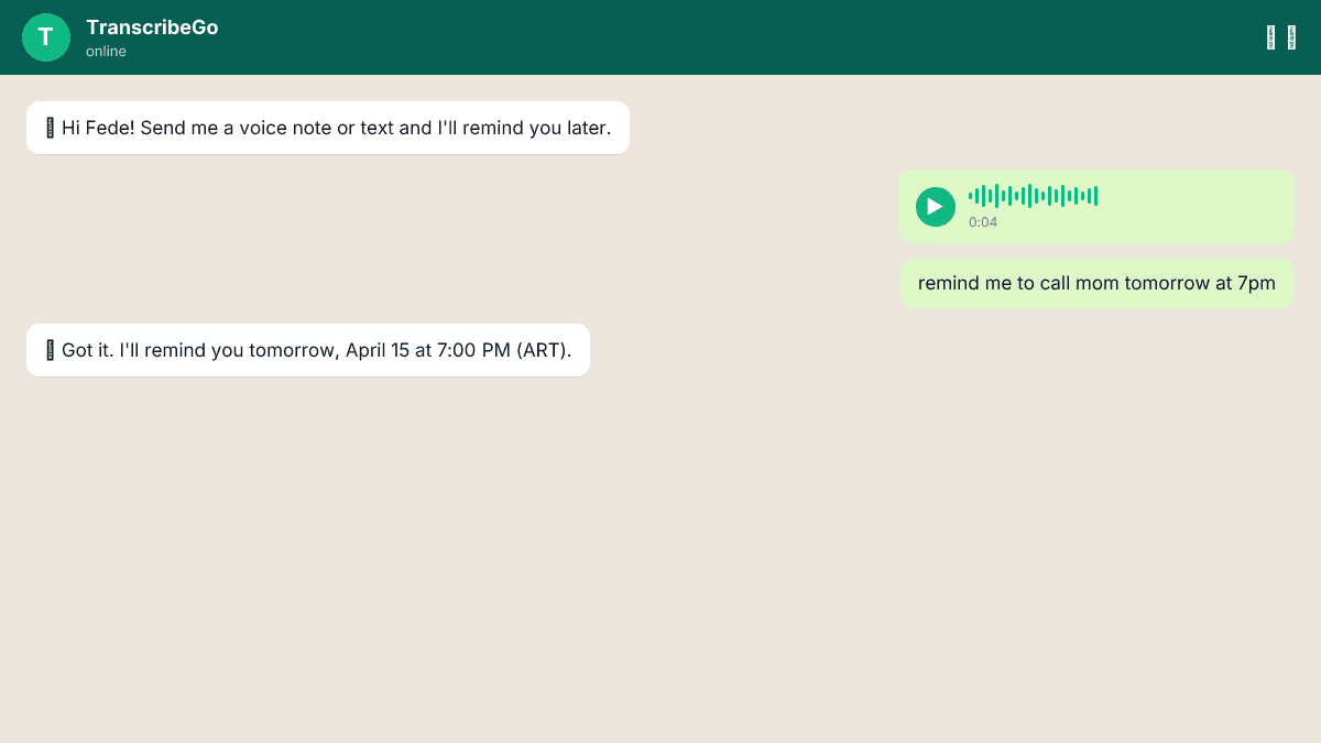 WhatsApp चैट जिसमें एक उपयोगकर्ता TranscribeGo को वॉयस नोट अनुस्मारक भेज रहा है