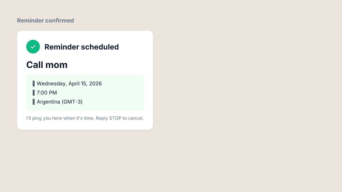 TranscribeGo से पुष्टि संदेश जिसमें पार्स किए गए अनुस्मारक विवरण दिखाए गए हैं