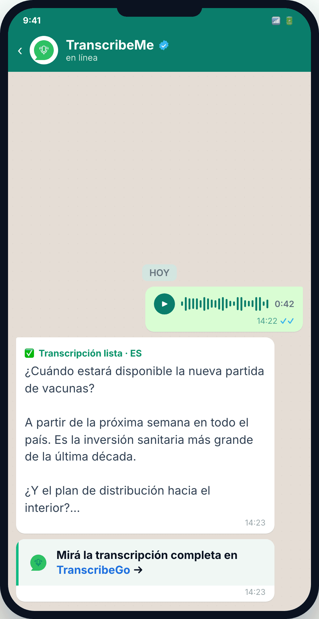 Переписка в WhatsApp с ботом TranscribeMe: аудио и транскрипция